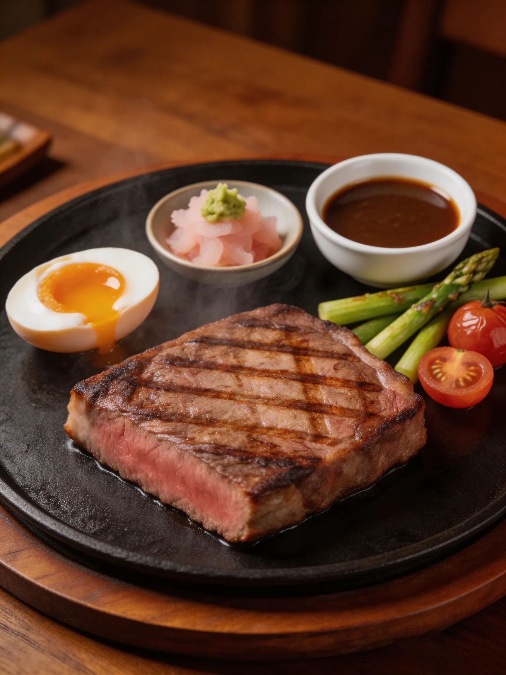 Grilled steak on a sizzling plate with soft-boiled egg, asparagus, tomatoes, and dipping sauces.