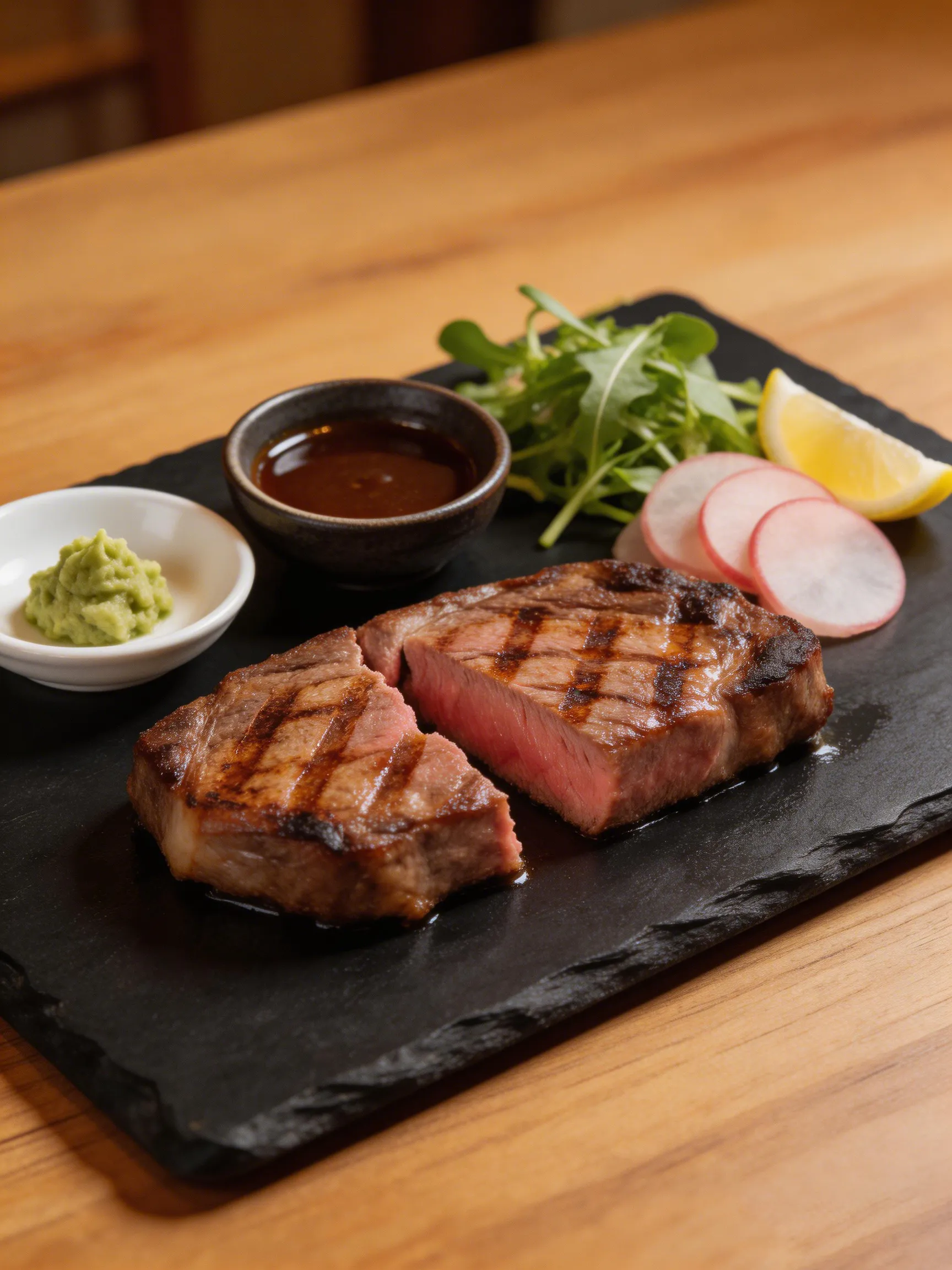 Sliced grilled steak on a slate platter with wasabi, radish, arugula, lemon, and savory sauce.