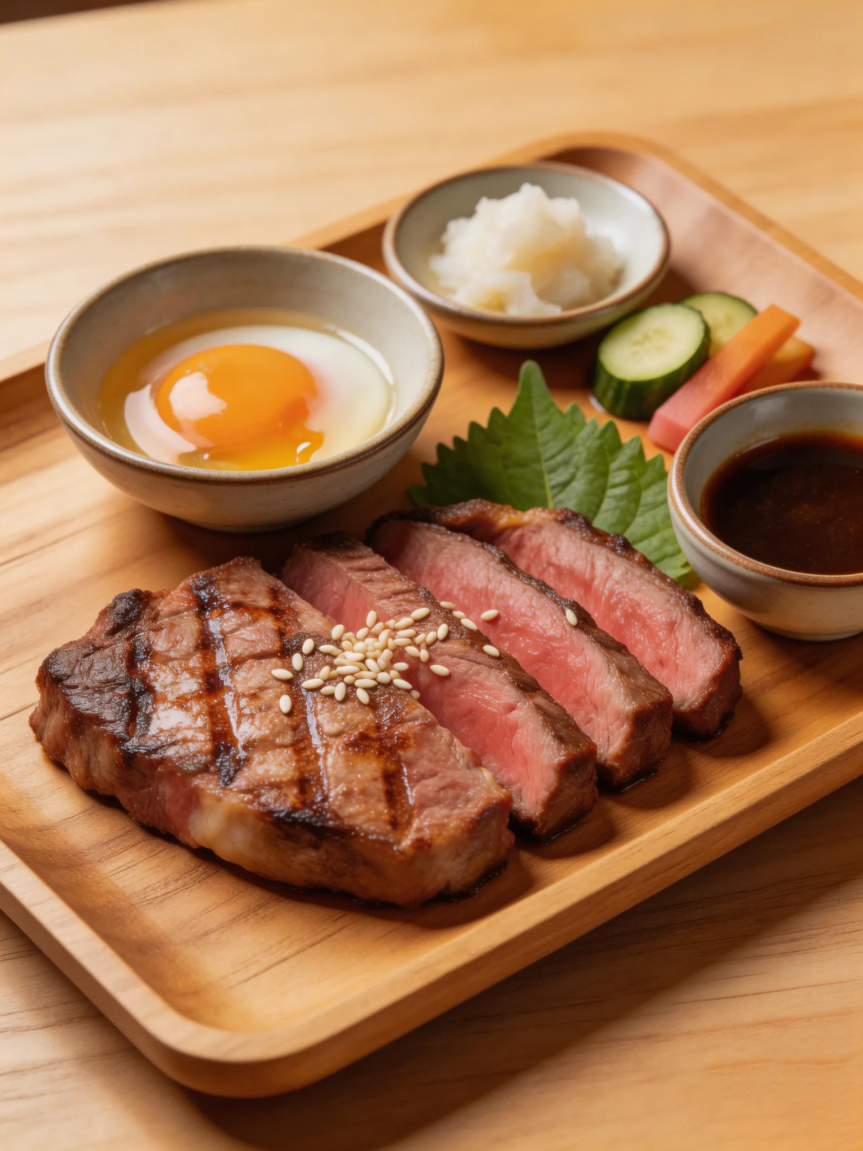 Grilled steak slices on a wooden tray with raw egg yolk, pickled veggies, sesame seeds, and sauce.