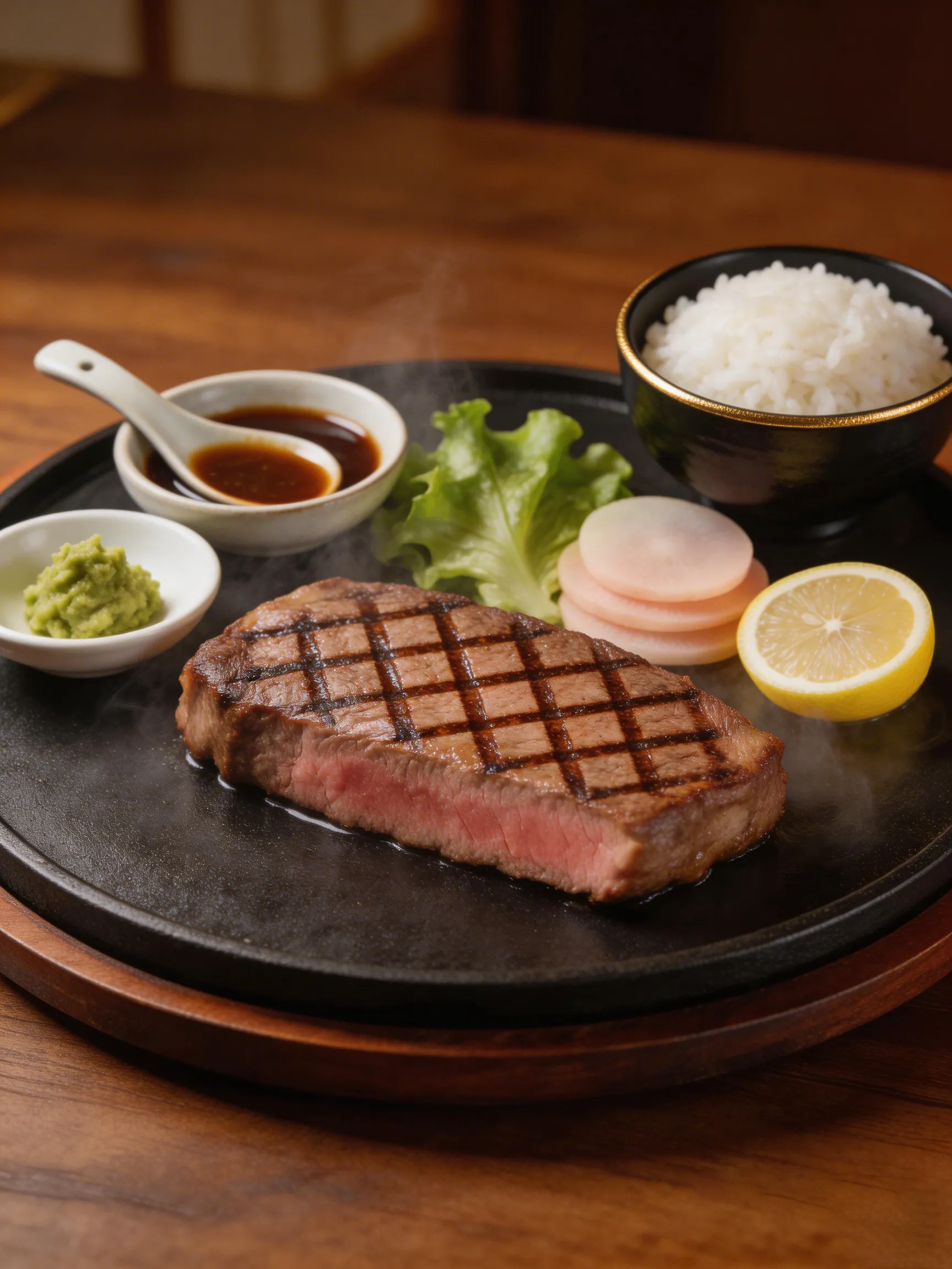 Grilled steak on a sizzling plate served with a bowl of white rice, wasabi, radish, and lemon.